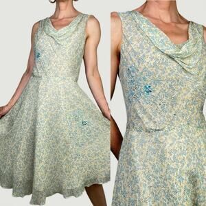 Lapis beaded silk chiffon cowl neck midi dress floral daisy blue green sequin M